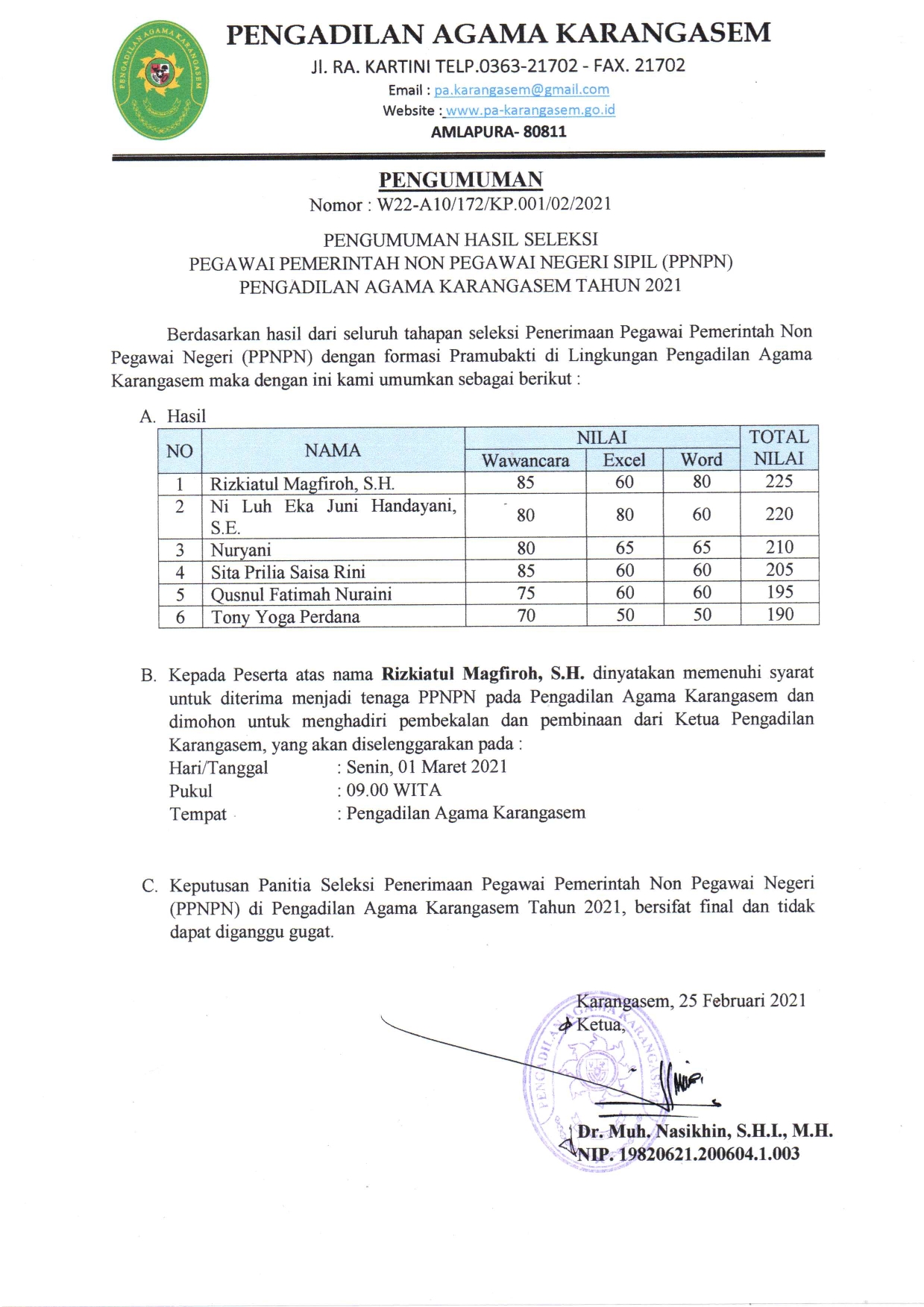 Pengumuman Hasil Seleksi PPNPN