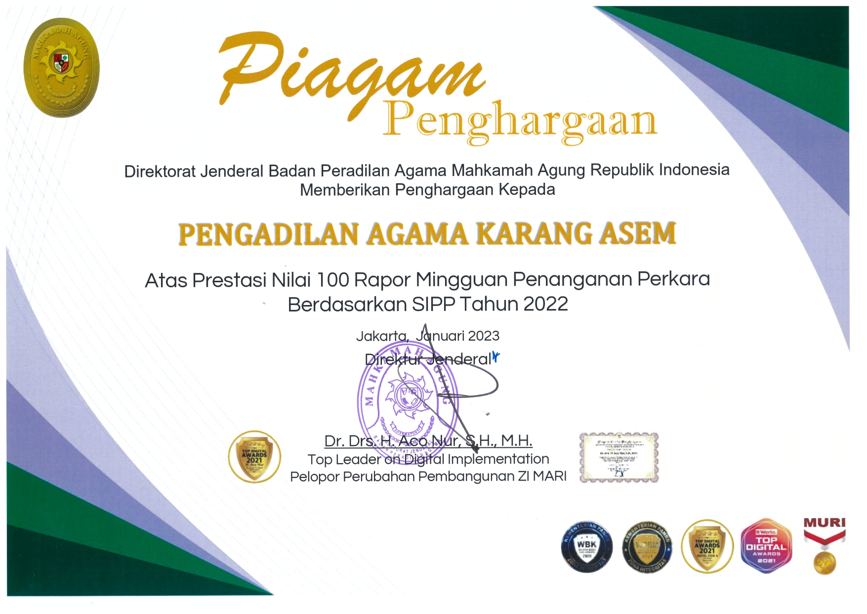 PA KARANG ASEM Prestasi Nilai 100 Rapor Mingguan Penanganan Perkara Berdasarkan SIPP Tahun 2022 100 page 0001