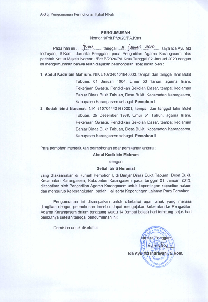 Pengumuman Permohonan Itsbat Nikah 1 P 2020
